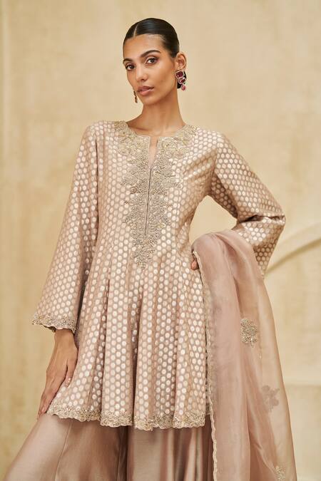 Pankaj & Nidhi_Rose Gold Brocade, Chanderi Silk, Organza Blush Of Elegance Sharara Set _Online_at_Aza_Fashions