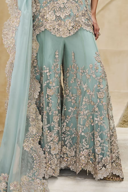 Pankaj & Nidhi_Aqua Tulle, Silk Organza Crest Of Radiant Embellished Kurta Sharara Set _Online_at_Aza_Fashions
