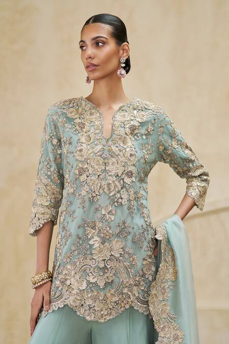 Buy_Pankaj & Nidhi_Aqua Tulle, Silk Organza Crest Of Radiant Embellished Kurta Sharara Set _Online_at_Aza_Fashions