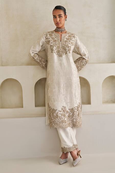 Pankaj & Nidhi_Ivory Brocade, Chanderi Silk Embroidery Split Lunar Cora Kurta And Pant Set _Online_at_Aza_Fashions