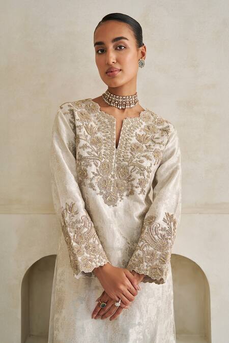 Buy_Pankaj & Nidhi_Ivory Brocade, Chanderi Silk Embroidery Split Lunar Cora Kurta And Pant Set _Online_at_Aza_Fashions