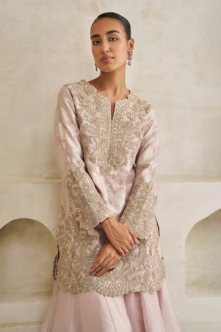 Pankaj & Nidhi_Pink Brocade, Silk Organza Embroidery Roselle Hand Embellished Sharara Set _Online_at_Aza_Fashions