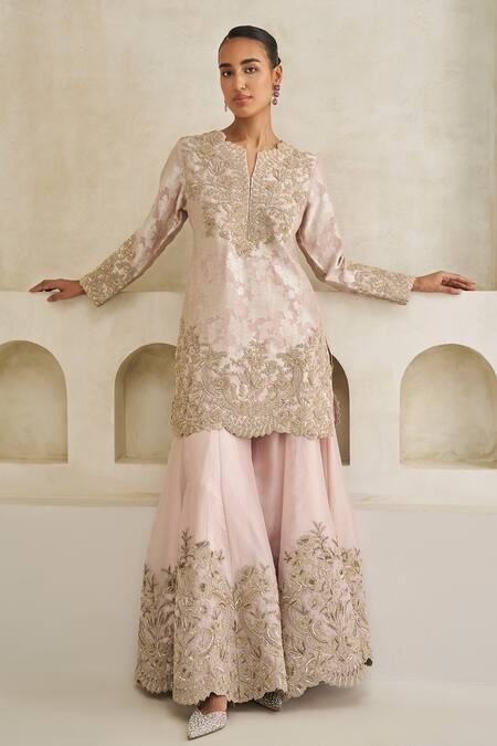 Buy_Pankaj & Nidhi_Pink Brocade, Silk Organza Embroidery Roselle Hand Embellished Sharara Set _Online_at_Aza_Fashions