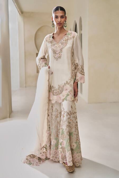 Pankaj & Nidhi_Ivory Silk Organza Embroidery V-neck Lush Arbor Sharara Set _Online_at_Aza_Fashions