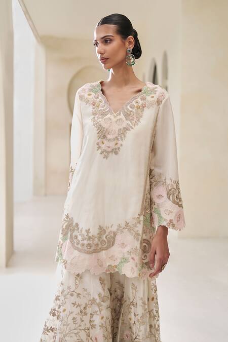Buy_Pankaj & Nidhi_Ivory Silk Organza Embroidery V-neck Lush Arbor Sharara Set _Online_at_Aza_Fashions