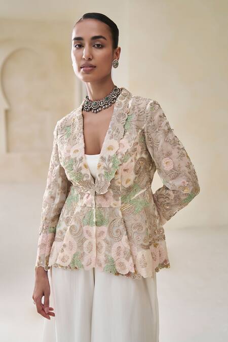 Buy_Pankaj & Nidhi_Ivory Tulle Embroidery V-neck Florica Drift Embellished Jacket And Pant Set _Online_at_Aza_Fashions