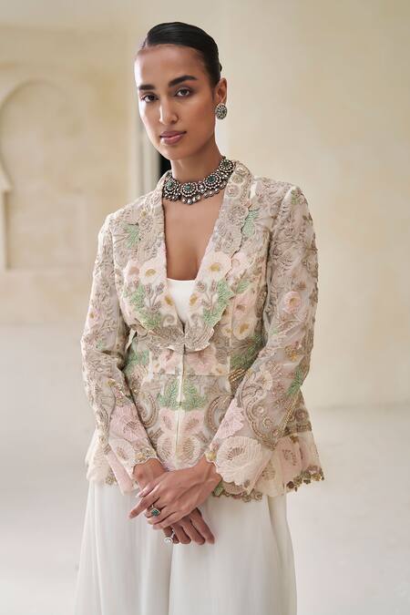 Shop_Pankaj & Nidhi_Ivory Tulle Embroidery V-neck Florica Drift Embellished Jacket And Pant Set _Online_at_Aza_Fashions