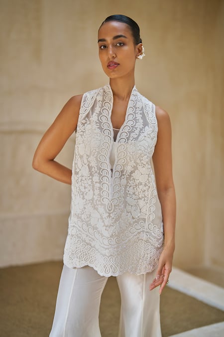 Pankaj & Nidhi_Ivory Tulle, Organza Embroidery, Sequins Frosted Bloom Ornate Tunic Sharara Set _Online_at_Aza_Fashions