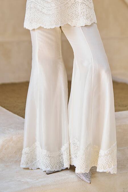 Buy_Pankaj & Nidhi_Ivory Tulle, Organza Embroidery, Sequins Frosted Bloom Ornate Tunic Sharara Set _Online_at_Aza_Fashions