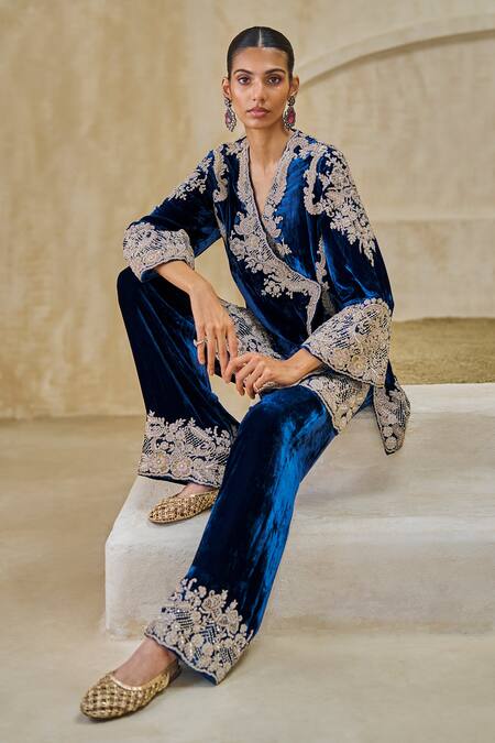 Pankaj & Nidhi_Navy Silk, Velvet Embroidery V-neck Timeless Grace Jacket And Pant Set _Online_at_Aza_Fashions