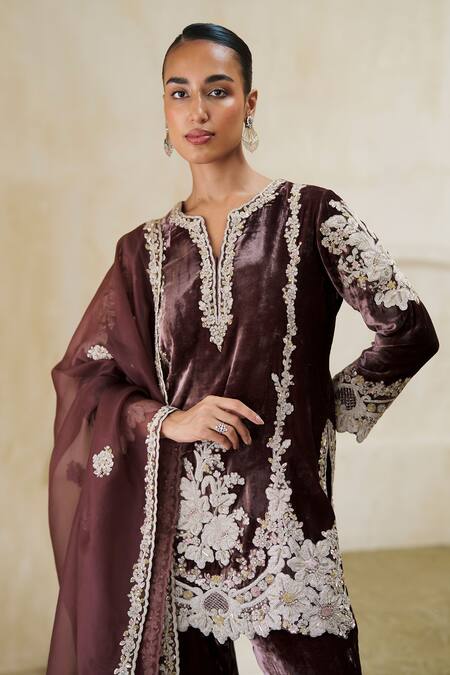 Pankaj & Nidhi_Brown Silk, Velvet Embroidery, Stones, Beads, Nova Charm Kurta And Pant Set _Online_at_Aza_Fashions