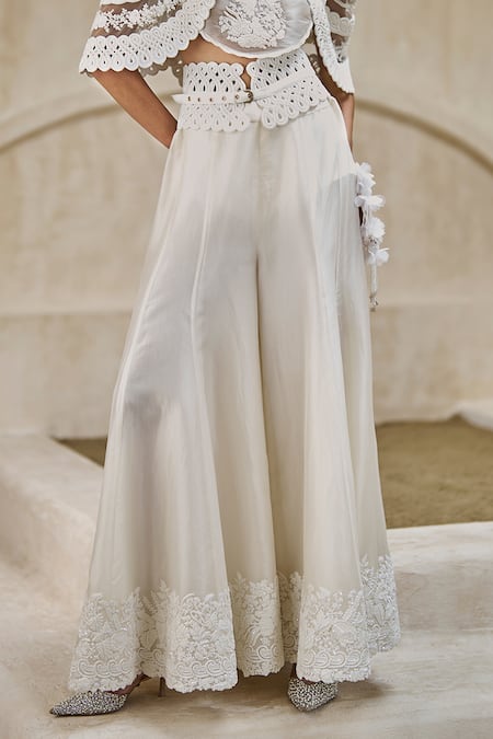 Pankaj & Nidhi_Ivory Tulle, Silk Organza Heritage Bloom Hand Embellished Cape Sharara Set _Online_at_Aza_Fashions