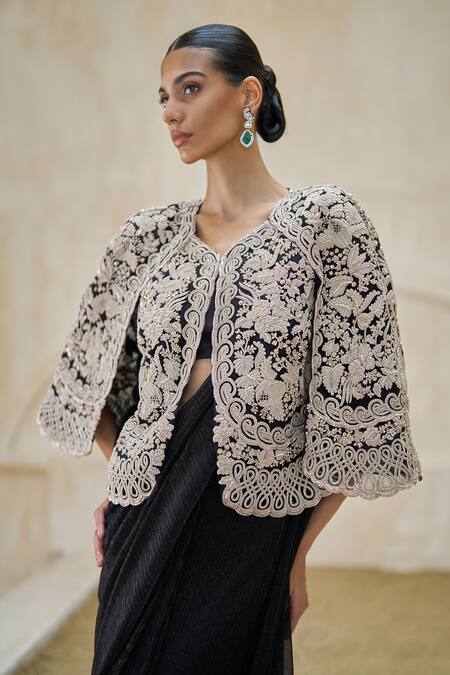 Buy_Pankaj & Nidhi_Black Georgette V-neck Serene Majesty Pre-draped Saree Set With Cape _Online_at_Aza_Fashions