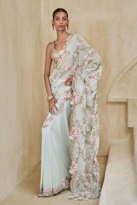 Buy_Pankaj & Nidhi_Blue Georgette Embroidery, Sequins, Marina Mist Embellished Saree With Blouse _Online_at_Aza_Fashions