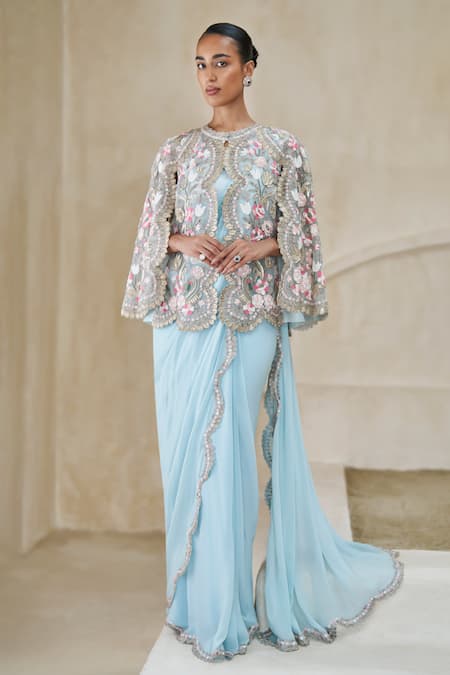 Pankaj & Nidhi Empress Of Ocean Pre-Draped Saree With Cape 