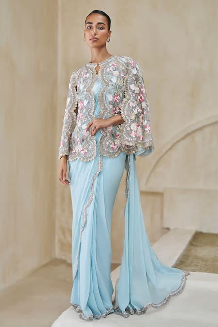 Buy_Pankaj & Nidhi_Sky Blue Silk, Georgette Embroidery Empress Of Ocean Pre-draped Saree With Cape _Online_at_Aza_Fashions