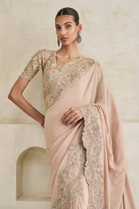 Pankaj & Nidhi_Rose Gold Silk, Georgette Embroidery, Applique, Mystic Vale Saree With Blouse _Online_at_Aza_Fashions