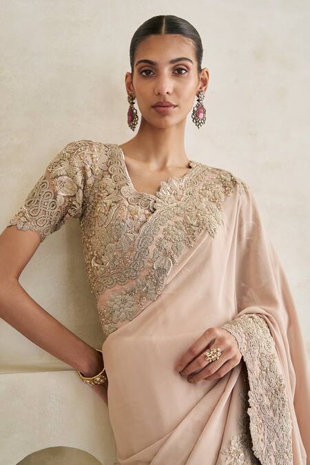 Buy_Pankaj & Nidhi_Rose Gold Silk, Georgette Embroidery, Applique, Mystic Vale Saree With Blouse _Online_at_Aza_Fashions