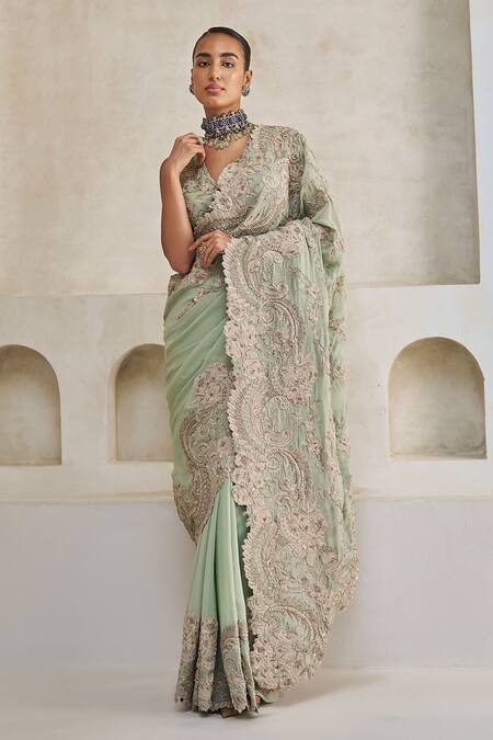 Pankaj & Nidhi_Green Silk, Georgette Embroidery V-neck Emerald Tide Elegance Saree With Blouse _Online_at_Aza_Fashions
