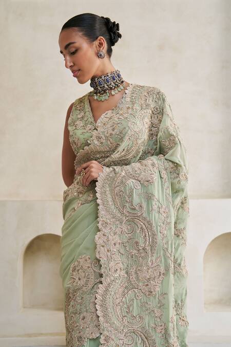 Buy_Pankaj & Nidhi_Green Silk, Georgette Embroidery V-neck Emerald Tide Elegance Saree With Blouse _Online_at_Aza_Fashions