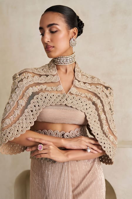 Pankaj & Nidhi_Rose Gold Tulle, Lurex The Gilded Reverie Pre-draped Saree Set With Cape _Online_at_Aza_Fashions