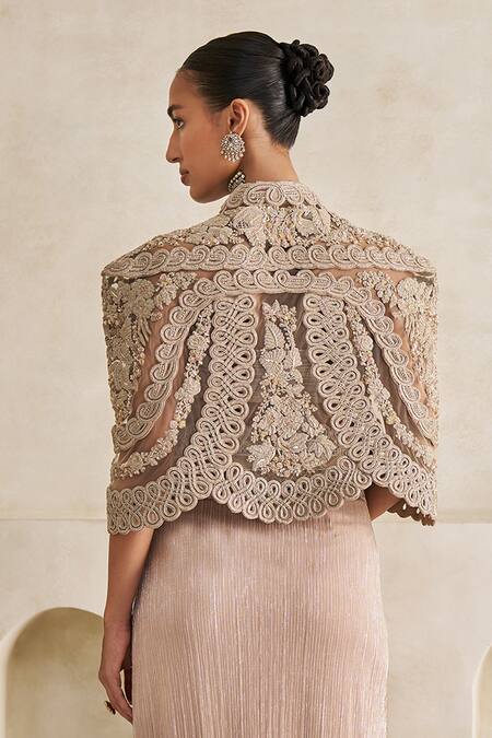 Buy_Pankaj & Nidhi_Rose Gold Tulle, Lurex The Gilded Reverie Pre-draped Saree Set With Cape _Online_at_Aza_Fashions