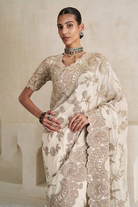 Buy_Pankaj & Nidhi_Ivory Silk, Georgette Embroidery Eternal Gleam Embellished Saree With Blouse _Online_at_Aza_Fashions