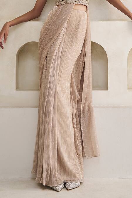 Pankaj & Nidhi_Gold Tulle, Lurex Cut Work, Celosia Arched Pre-draped Saree Set With Harness _Online_at_Aza_Fashions