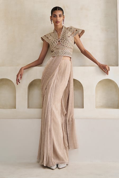 Pankaj & Nidhi Celosia Arched Pre-Draped Saree Set With Harness 