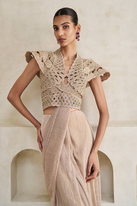 Buy_Pankaj & Nidhi_Gold Tulle, Lurex Cut Work, Celosia Arched Pre-draped Saree Set With Harness _Online_at_Aza_Fashions