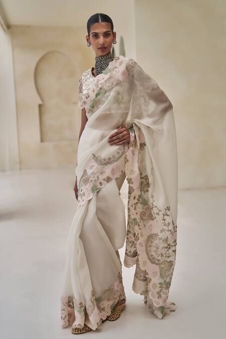 Pankaj & Nidhi_Ivory Silk Organza Embroidery, Metallic Almera Amber Bloom Saree With Blouse _Online_at_Aza_Fashions