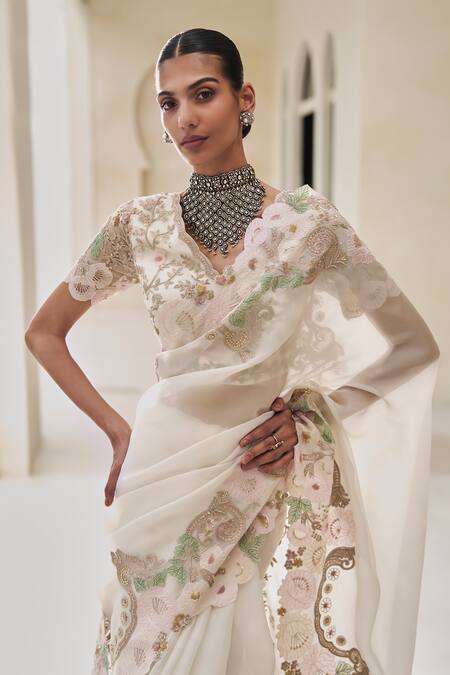 Buy_Pankaj & Nidhi_Ivory Silk Organza Embroidery, Metallic Almera Amber Bloom Saree With Blouse _Online_at_Aza_Fashions