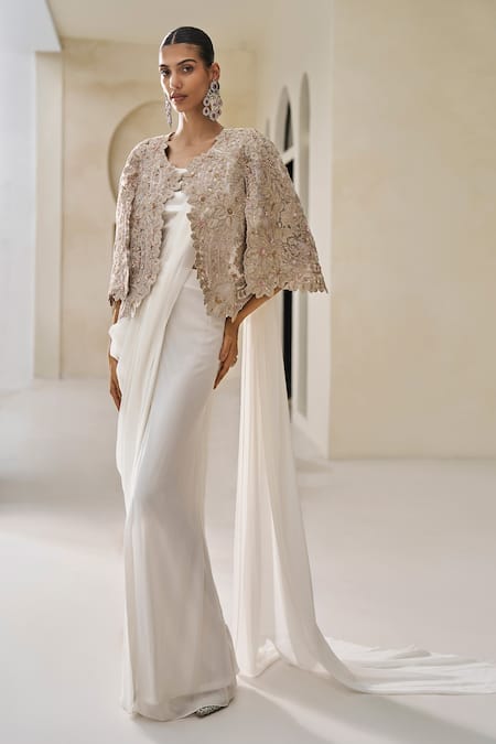 Pankaj & Nidhi Wisper In Gold Pre-Draped Saree Set With Cape 