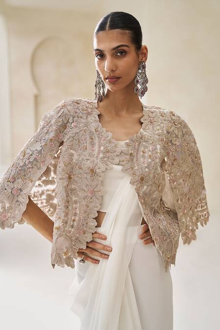 Buy_Pankaj & Nidhi_Gold Tulle, Lurex V-neck, Sweetheart Wisper In Pre-draped Saree Set With Cape _Online_at_Aza_Fashions