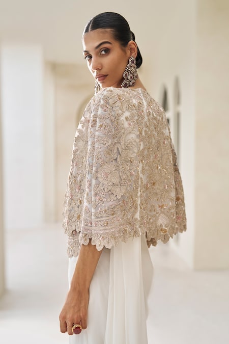 Pankaj & Nidhi Wisper In Gold Pre-Draped Saree Set With Cape 