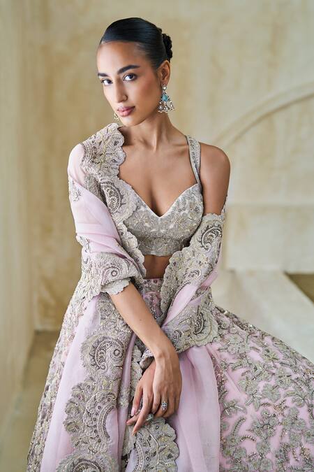Pankaj & Nidhi_Pink Tulle, Silk Organza Embroidery, Mantis Warbler Hand Embellished Lehenga Set _Online_at_Aza_Fashions