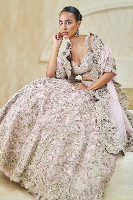 Buy_Pankaj & Nidhi_Pink Tulle, Silk Organza Embroidery, Mantis Warbler Hand Embellished Lehenga Set _Online_at_Aza_Fashions