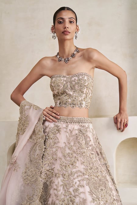 Pankaj & Nidhi_Pink Tulle, Silk Organza Embroidery, Jardin Galah Embellished Corset Lehenga Set _Online_at_Aza_Fashions