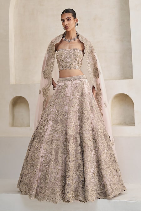 Buy_Pankaj & Nidhi_Pink Tulle, Silk Organza Embroidery, Jardin Galah Embellished Corset Lehenga Set _Online_at_Aza_Fashions
