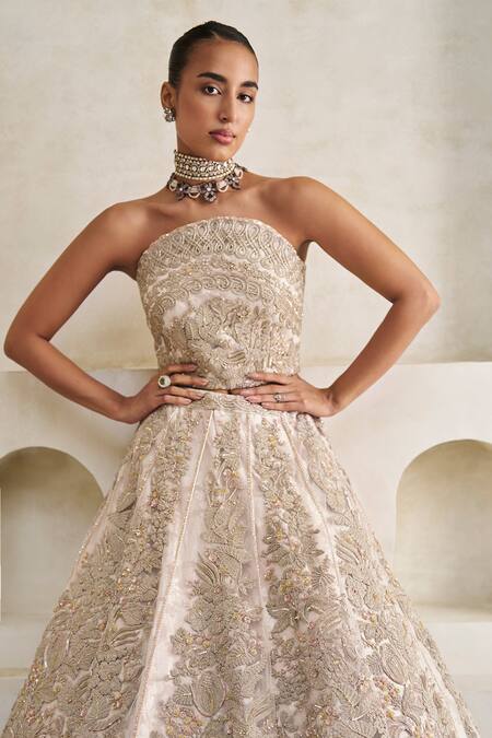 Buy_Pankaj & Nidhi_Pink Tulle, Silk Organza Hellebore Carnival Hand Embellished Lehenga Set _Online_at_Aza_Fashions