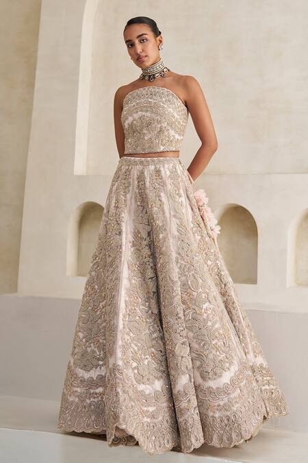 Shop_Pankaj & Nidhi_Pink Tulle, Silk Organza Hellebore Carnival Hand Embellished Lehenga Set _Online_at_Aza_Fashions