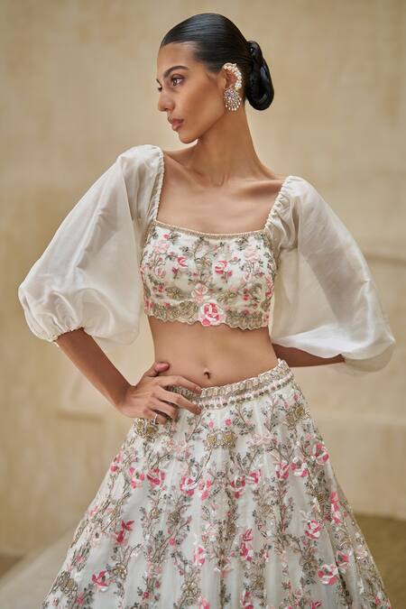 Pankaj & Nidhi_Ivory Silk Organza Embroidery, Liatris Alba Embellished Lehenga And Blouse Set _Online_at_Aza_Fashions