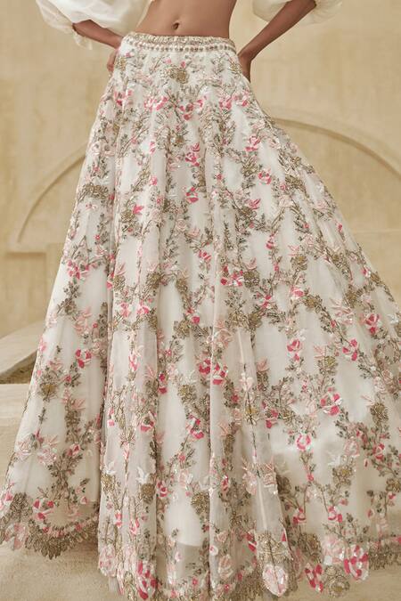 Buy_Pankaj & Nidhi_Ivory Silk Organza Embroidery, Liatris Alba Embellished Lehenga And Blouse Set _Online_at_Aza_Fashions