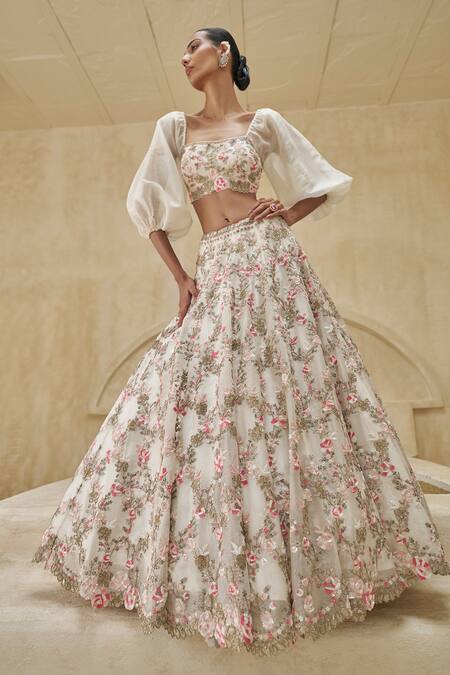 Shop_Pankaj & Nidhi_Ivory Silk Organza Embroidery, Liatris Alba Embellished Lehenga And Blouse Set _Online_at_Aza_Fashions