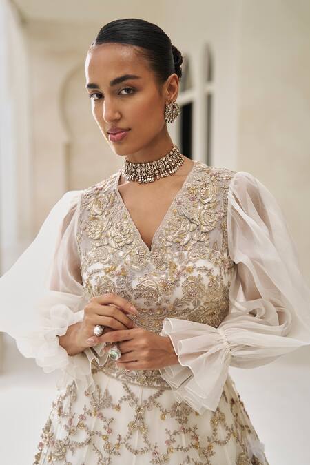 Pankaj & Nidhi_Ivory Tulle, Silk Organza Embroidery, Cornus Grove Hand Embellished Lehenga Set _Online_at_Aza_Fashions