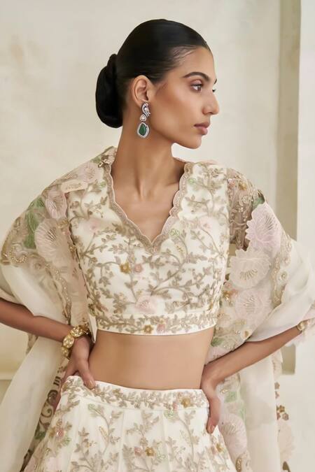Buy_Pankaj & Nidhi_Ivory Tulle, Silk Organza Myrtle Blooming Hand Embellished Lehenga Set _Online_at_Aza_Fashions