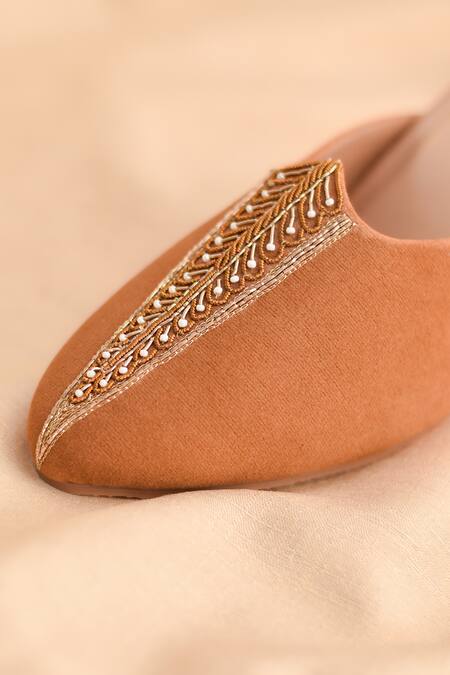Around Always_Brown Zari, Embroidery Carmel Mule Heels _Online_at_Aza_Fashions