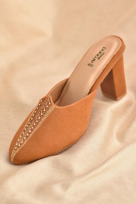 Around Always Carmel Embroidered Mule Heels