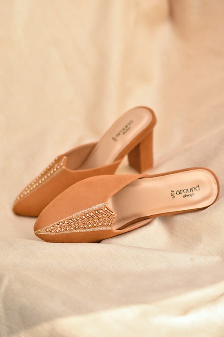 Around Always Carmel Embroidered Mule Heels