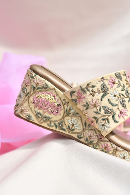 Buy_Around Always_Gold Embroidery, Sequins Padma Floral Wedges _Online_at_Aza_Fashions